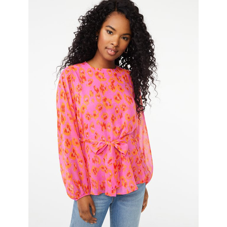 Scoop Women's Long Sleeve Crew Neck Blouse with Tie at Waist - Walmart.com | Walmart (US)