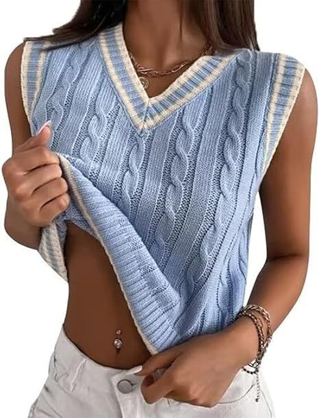 RefindWin Womens V Neck Sweater Vest School Uniform Vest Striped Cable Knit Sleeveless Sweater To... | Amazon (US)