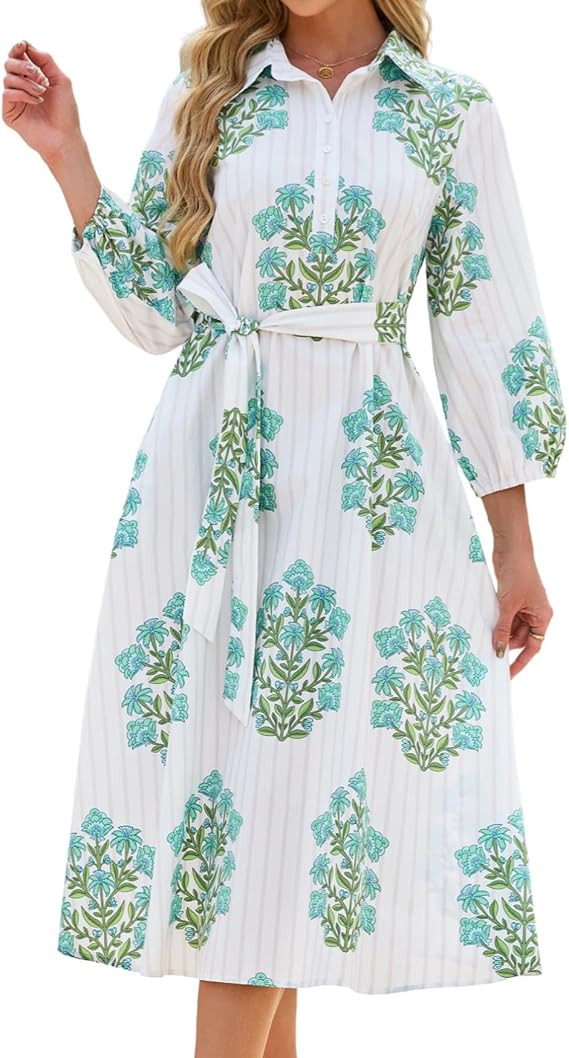 Womens Floral Midi Shirt Dress Summer Casual Button Down A-Line Dress 3/4 Puff Sleeve Belted Dres... | Amazon (US)