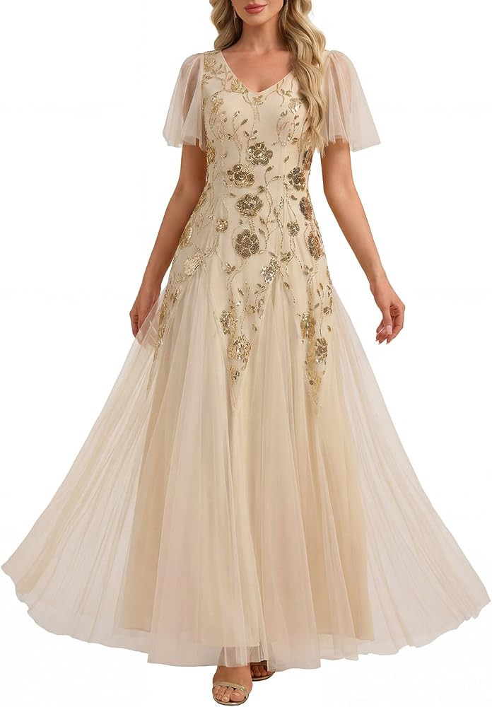 Ever-Pretty Women's V-Neck Sequin Embroidery Formal Dress Ruffle Sleeves High Stretch A Line Moth... | Amazon (US)