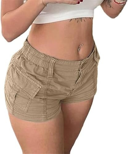 Women's Cargo Shorts with Elastic Waist, Low Rise, Pockets - Y2k Egirls Slim Fitted Vintage Harajuku Streetwear (Khaki, M) | Amazon (US)