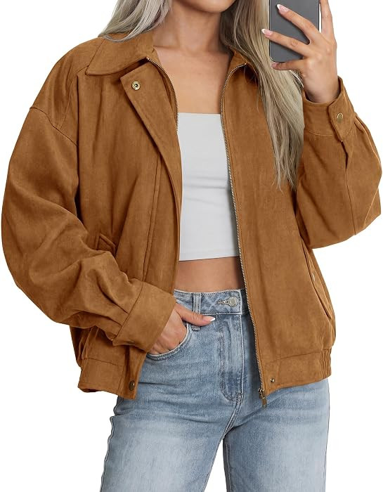BTFBM Faux Suede Jacket Women Oversized Long Sleeve Leather Bomber Coats | Amazon (US)