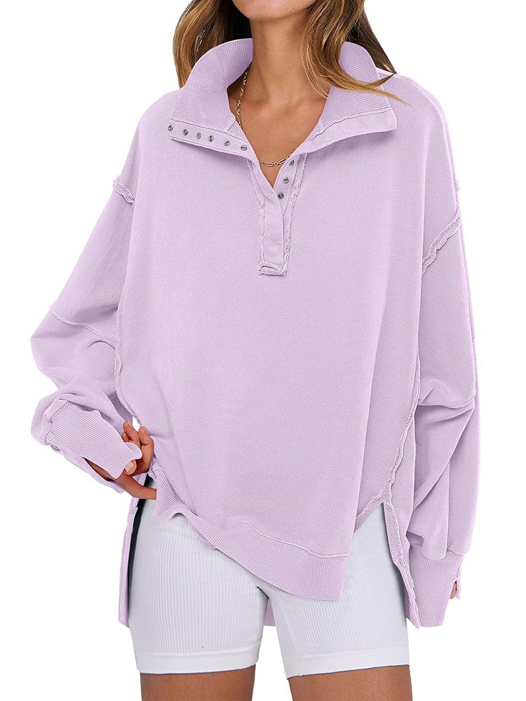 ANRABESS Women's Sweatshirts Oversized Casual Loose Button Up Henley Pullover Top High Low Split ... | Amazon (US)
