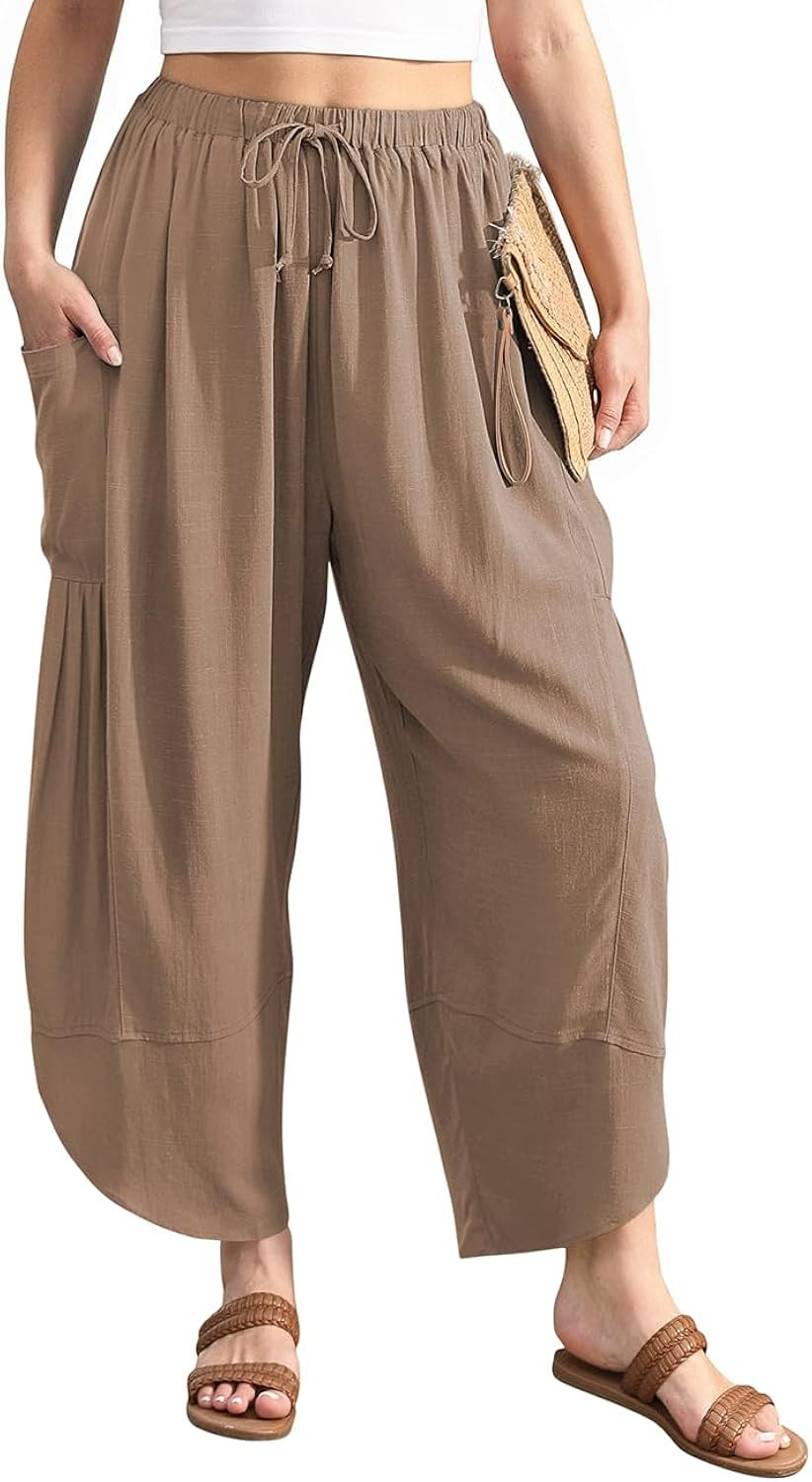 TARSE Women's Linen Harem Pants Casual Loose Drawstring Elastic Waist Summer Beach Travel Vacation with Pockets | Amazon (US)