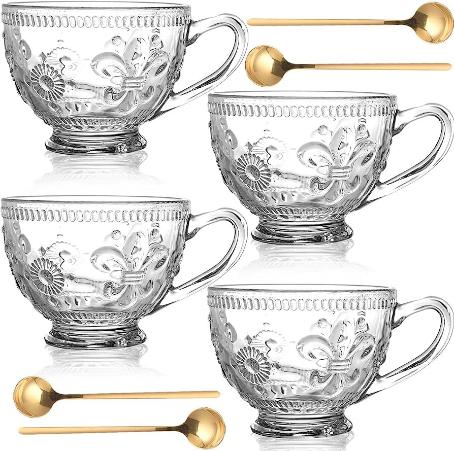 Peohud 4 Pack Glass Coffee Mugs, 14 Oz Vintage Latte Cups with Spoons, Clear Embossed Tea Cups Ju... | Amazon (US)