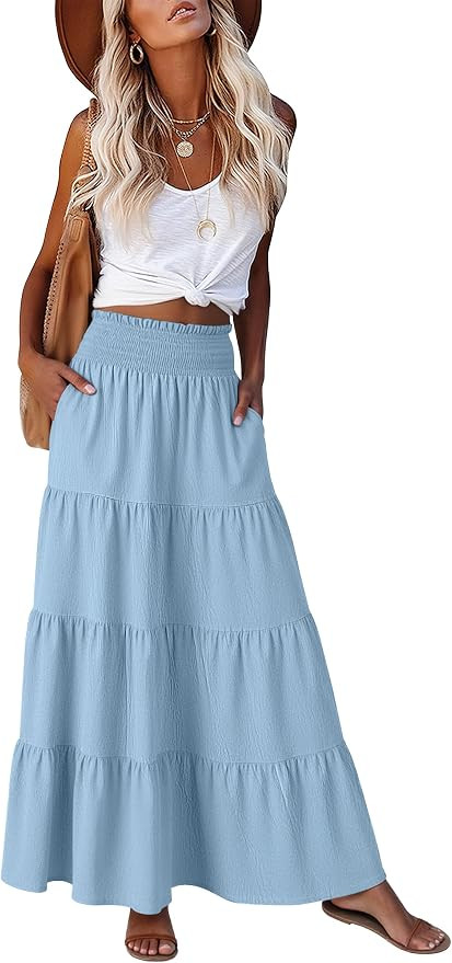 ANRABESS Womens Maxi Skirts, Elastic High Waist A-Line Tiered, Long Flowy Boho Skirts, Summer Cas... | Amazon (US)