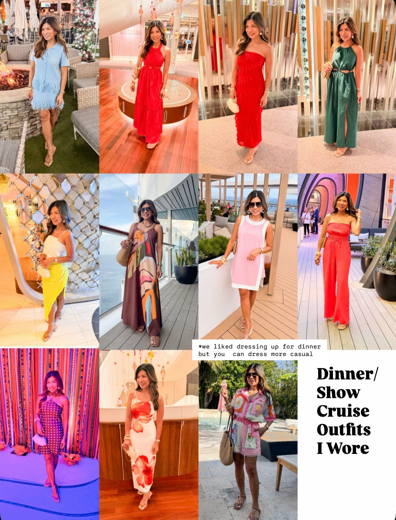 I’m 5’2” 118#ish for reference 
Dinner/ Show outfits I wore on a cruise. You ca dress more casual-we loved dressing up tho.
All dresses in small tts except the red sequined we wore on my friend’s birthday-In XS short tts 
White top 3D in small.
Neon Green fringe skirt in small.
Shoes all tts.


#LTKOver40 #LTKPetite #LTKTravel