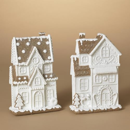 One Holiday Way Set of 2 8.25-Inch Elegant Glitter Frosted White & Brown Gingerbread House Decor w/Snow - Christmas Village Figurines Xmas Indoor Home Decoration | Amazon (US)