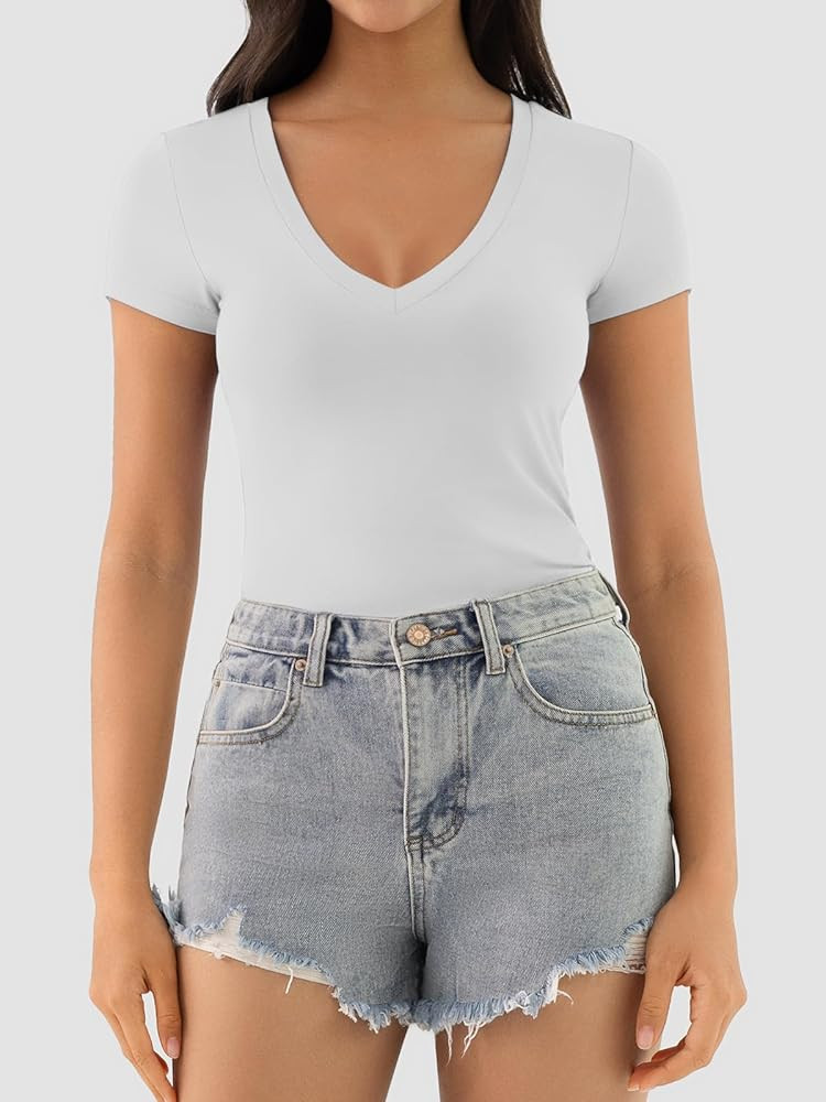 ATHMILE Womens Deep V Neck Short Sleeve Slim Fit T Shirt Tops Tee | Amazon (US)