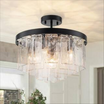 Click for more info about HUOKU Hielo15.7 in.W Farmhouse Black Chandelier 5- Light Water Rippe Glass Flush Mount Close to C...