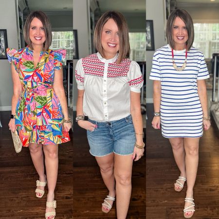 Save 20% on these outfits with code JUNE20 through 6/9 at midnight 

White blouse has a roomy fit, I am in a small, wearing a medium in both dresses 