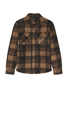 Brixton Bowery Artic Stretch Fleece Overshirt in Burro Brown & Black Plaid from Revolve.com | Revolve Clothing (Global)