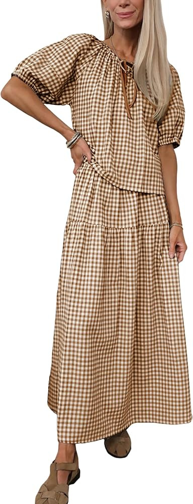 Qiaomai Womens 2 Piece Gingham Sets Puff Sleeve Plaid Top Tiered Maxi Skirt Matching Outfit Casua... | Amazon (US)