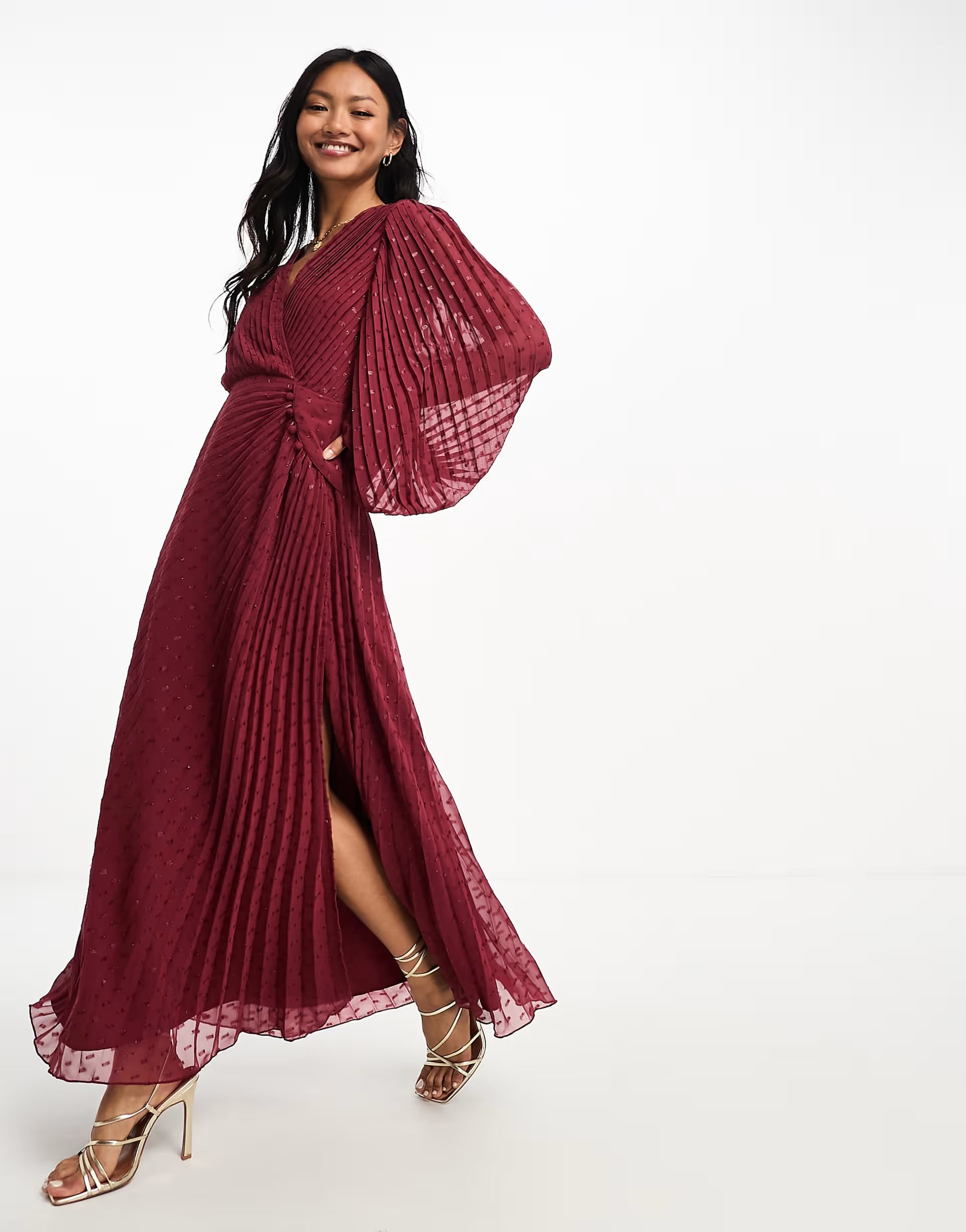 ASOS DESIGN pleated metallic dobby chiffon wrap button detail maxi dress in burgundy | ASOS (Global)