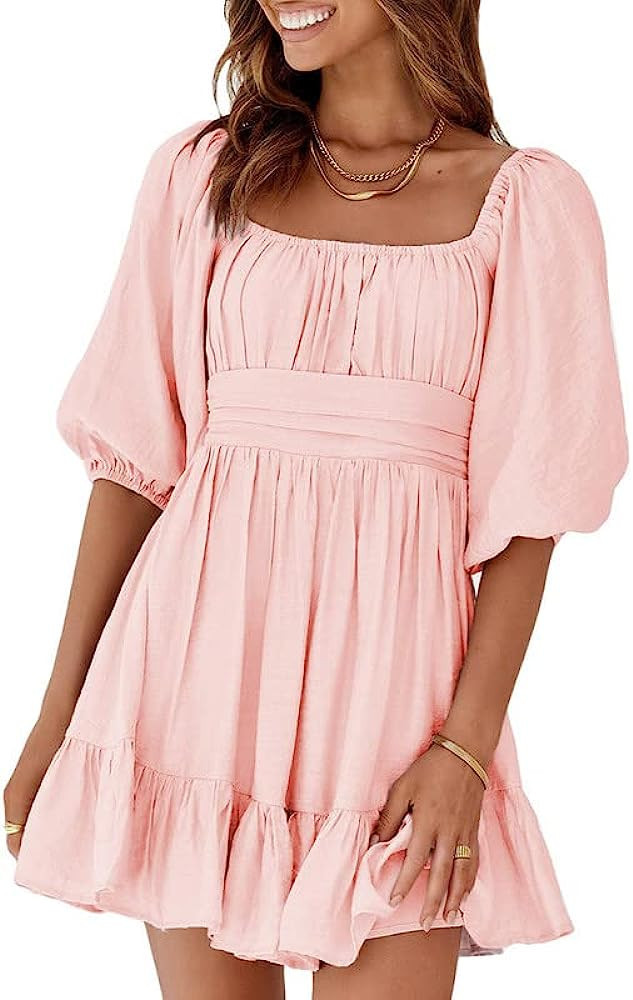 Dokotoo Womens Summer Dresses Square Neck Lantern Sleeve Tie Backless Ruffle A-Line Casual Dress | Amazon (US)