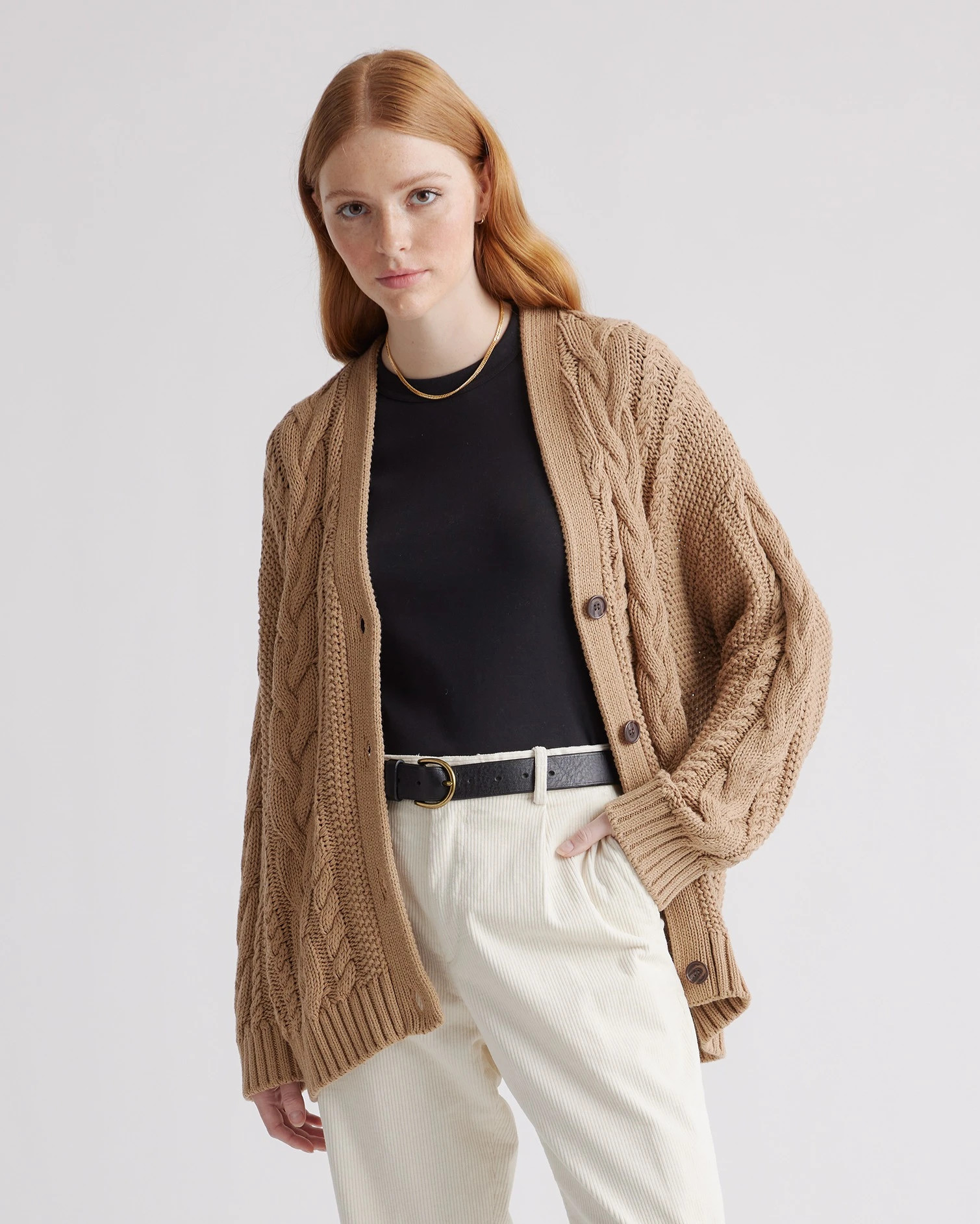 100% Organic Cotton Oversized Cable Cardigan  in Camel | Quince