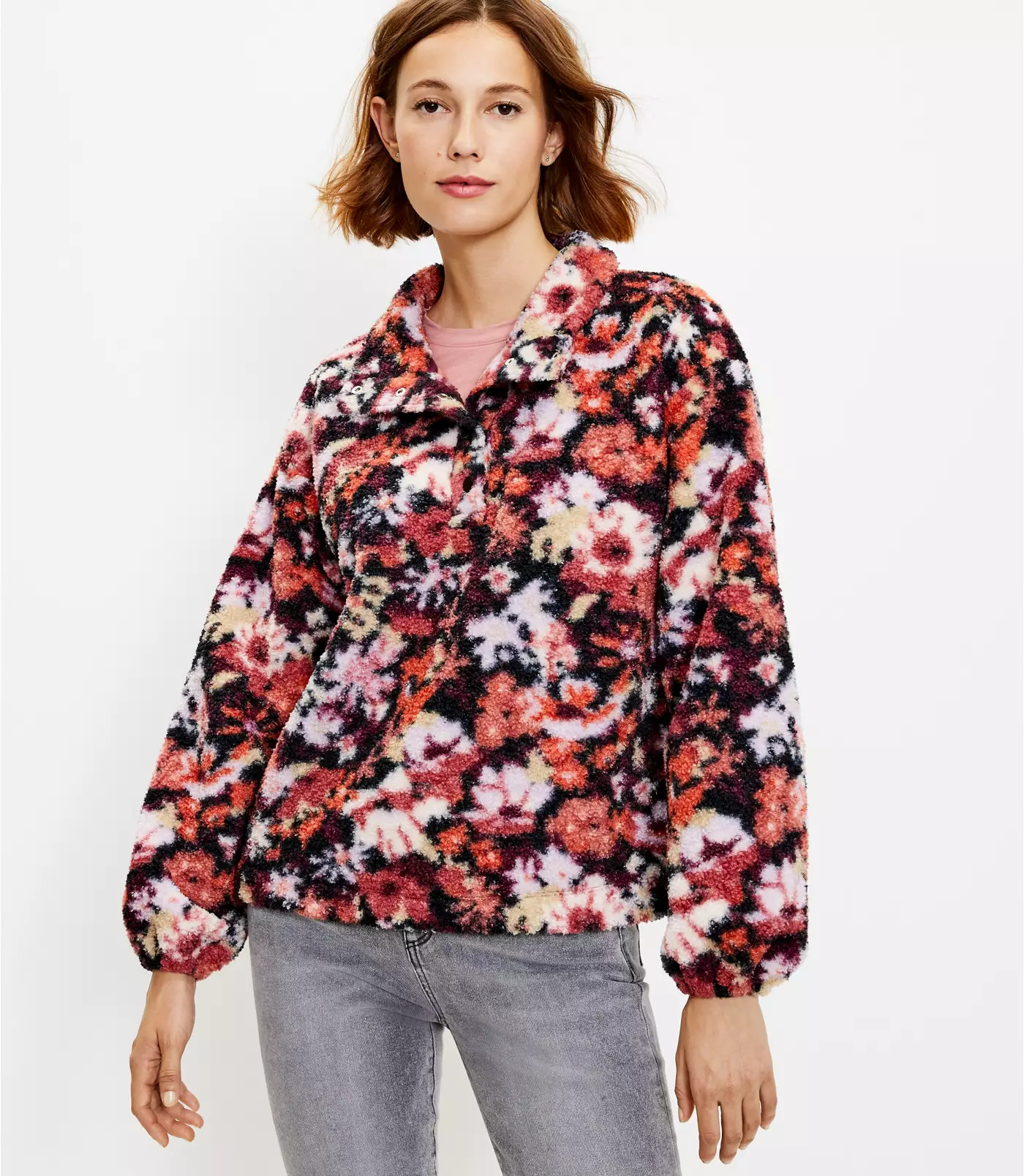 Petite Floral Sherpa Snap Collar Top | LOFT