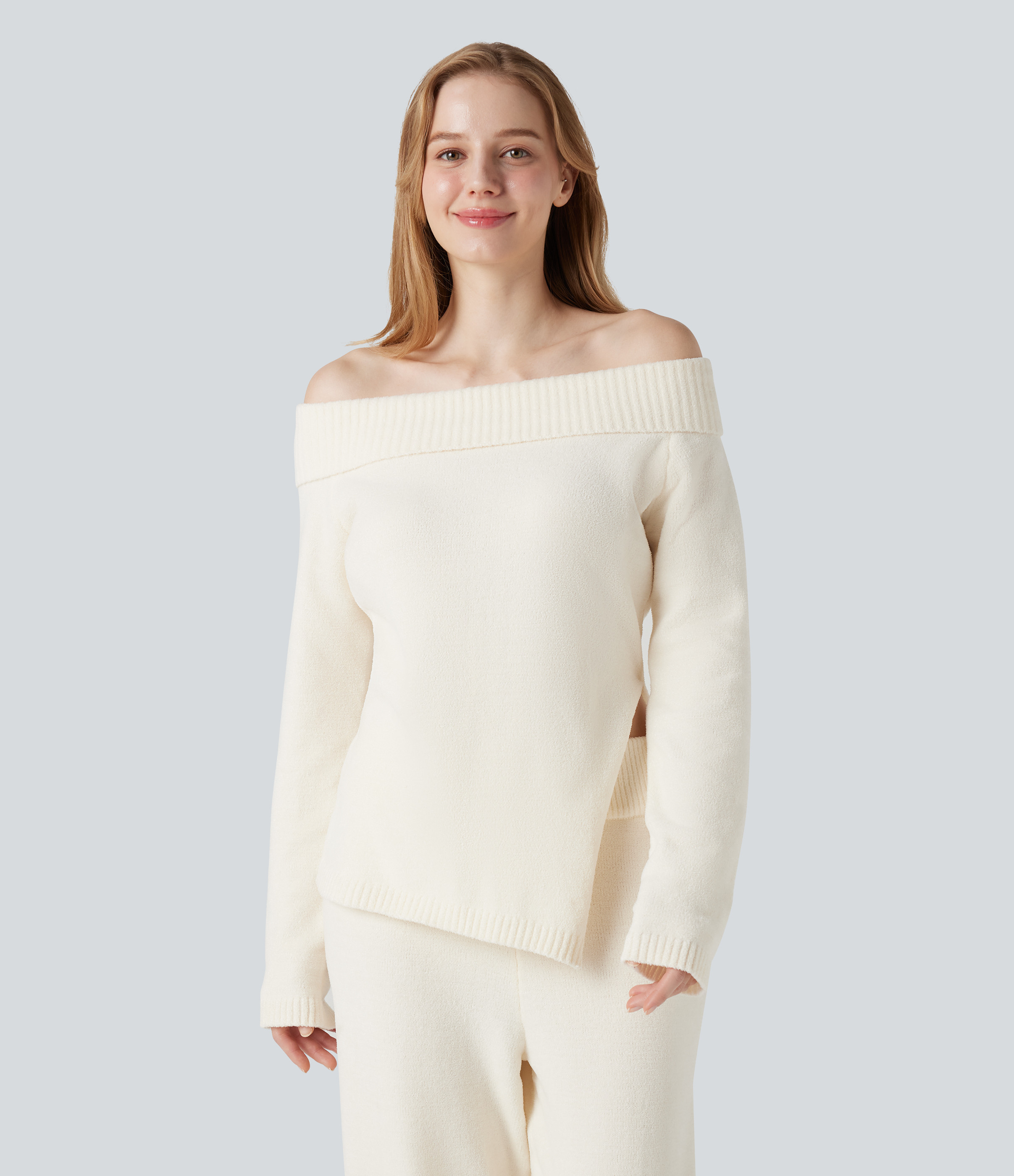 Halara Off-shoulder Long Sleeve Split Hem Lounge Top - Gardenia - S | HALARA