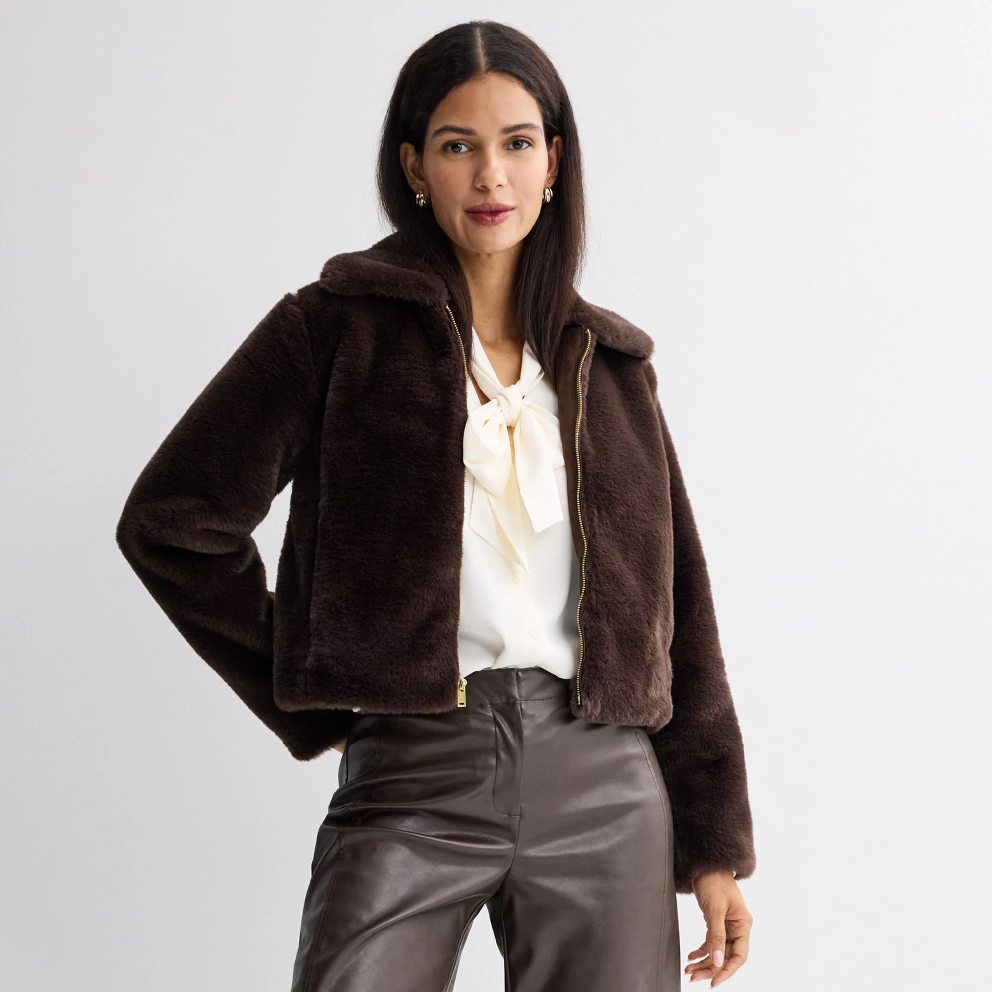 Women's Nine West Zip Front Faux Fur Jacket, Size: XXL, Brown Brown | Kohl's
