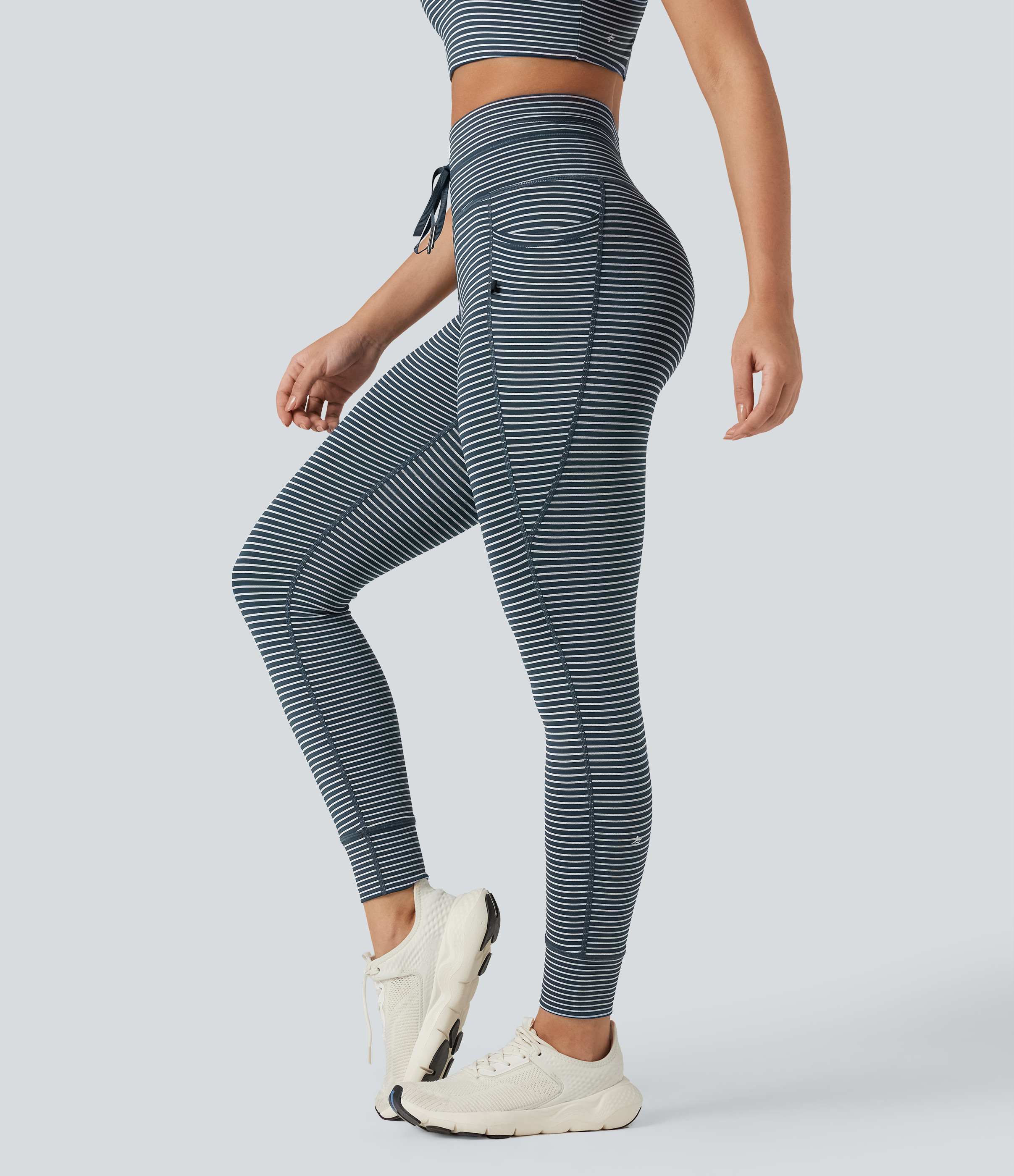 Halara High Waisted Drawstring Striped Yoga Leggings with Pockets - Oceanic Teal - S(7/8) gym leggings leggings with pockets | HALARA