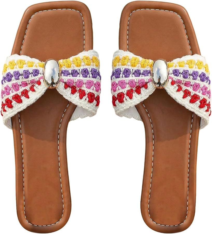 BEAUDRM Women's Pearls Sandals Dressy Flats Summer Casual Flat Sandals | Amazon (US)