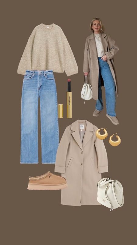 Ways to wear the Abercrombie 90s relaxed jeans. Arket beige knit jumper, beige smart coat, Ugg tazz, hourglass phantom glossy balm, Monica vinader gold chunky hoop earrings, white prada bucket bag. 

#LTKeurope #LTKstyletip #LTKSeasonal