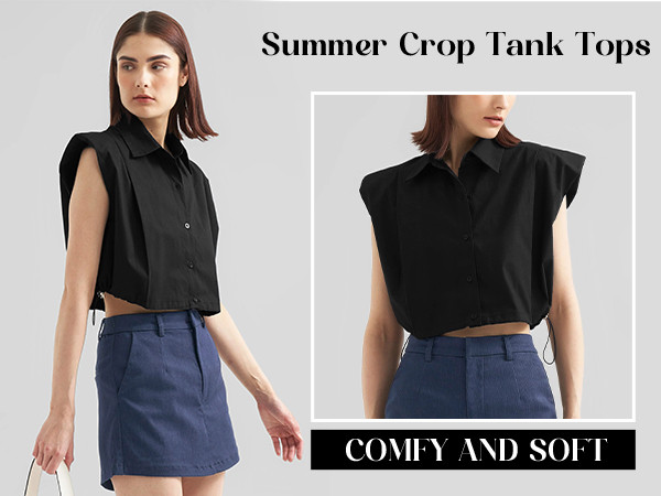 Tankaneo Womens Sleeveless Button Down Shirts Casual Loose V Neck Pad Shoulder Crop Tank Top | Amazon (US)