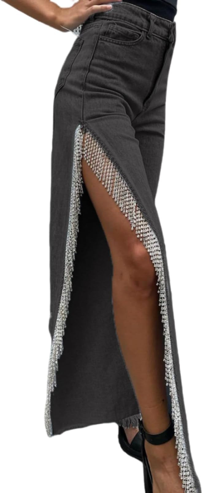 Women High Waisted Jeans Straight Wide Leg Pants with Rhinestone Fringe Trim Split On The Side | Amazon (US)