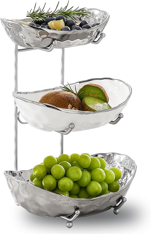HOMKULA Fruit Bowl for Kitchen Counter - 3 Tier Ceramic Serving Bowls with Metal Stand, Tiered Fr... | Amazon (US)