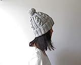 Cable Knit Hat in Light Grey Melange, Gray Womens Pom Pom hat, Hand Knit Beanie with Folded Brim, Ha | Amazon (US)