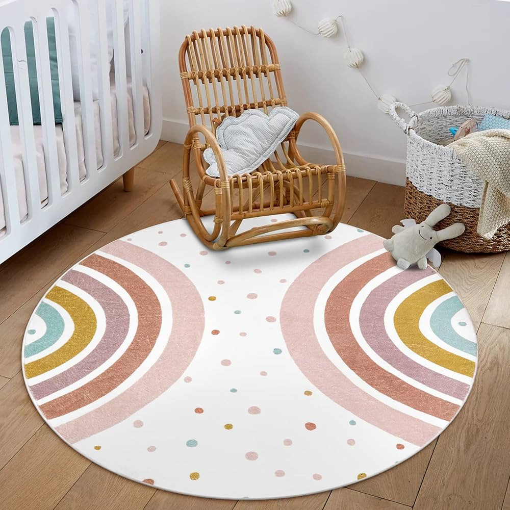 STARUIA Colorful Round Rug for Nursery, 4 Ft Rainbow Washable Rug for Playroom, Boho Kids Rug Non... | Amazon (US)