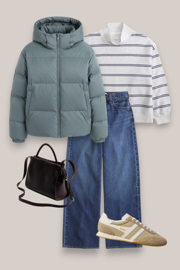 The kind of winter outfit I’d wear on repeat — wide leg jeans, striped knit, sneakers and a cosy puffer jacket. Easy, warm and actually practical for everyday life. #winteroutfits #casualstyle #momoutfits #winterfashion 

 #LTKautumn #LTKjeans #LTKstyletip