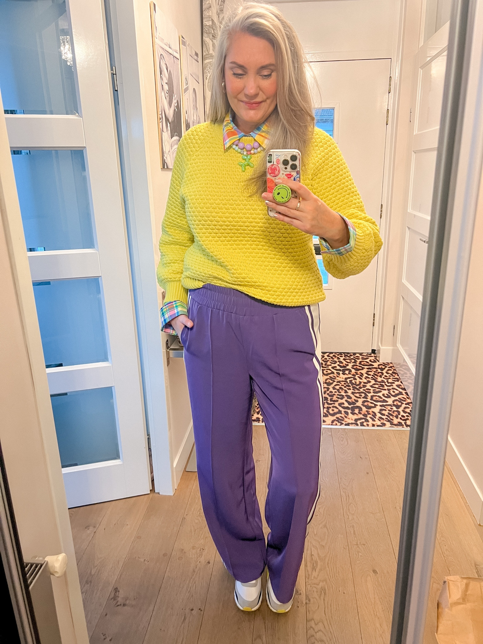 Ootd - Thursday. Purple sporty pants (Shoeby), plaid men’s Ralph Lauren shirt, yellow knitted sweater (old, Selected Femme), balloon dog necklace, purple bead necklace. Nike Air max sneakers 



#LTKFashionMonth #LTKnederlands #LTKeurope