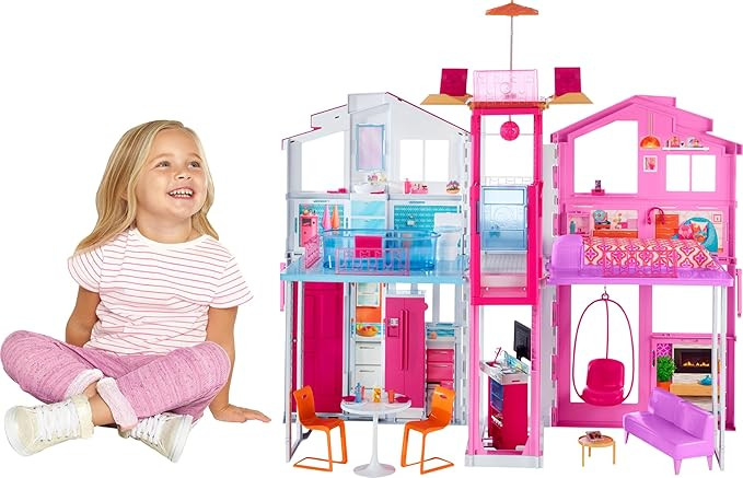 Barbie 3-Story Townhouse Dollhouse with Elevator, Swing Chair, Furniture and Accessories, Fold fo... | Amazon (US)