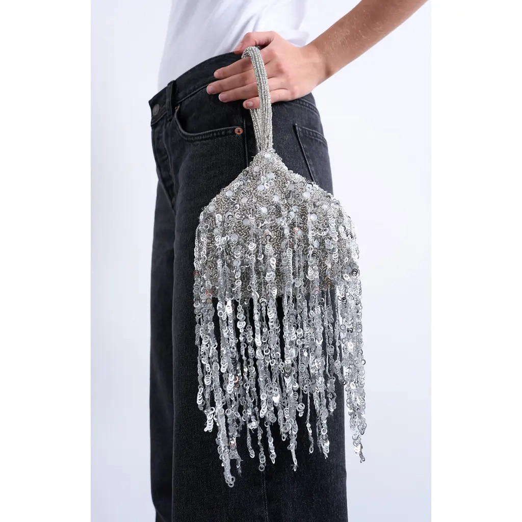 Topshop Sequin Tassel Top Handle Bag in Silver at Nordstrom | Nordstrom