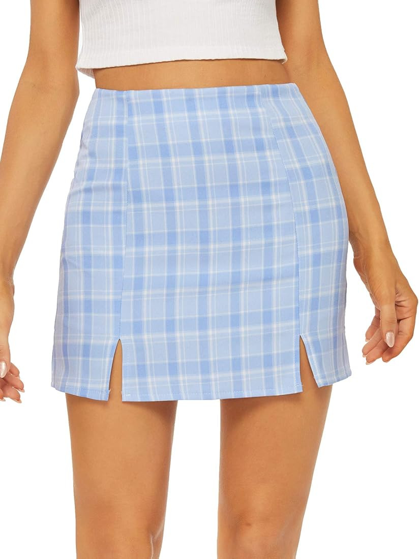 WDIRARA Women's Plaid Skirt High Waist Split Front Zip Up Mini Bodycon Skirt | Amazon (US)