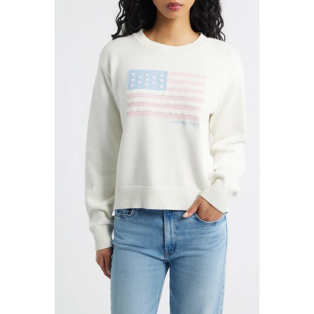 LoveShackFancy Ty Intarsia Flag Cotton Crewneck Sweater in Ivory Dreams at Nordstrom, Size X-Small | Nordstrom