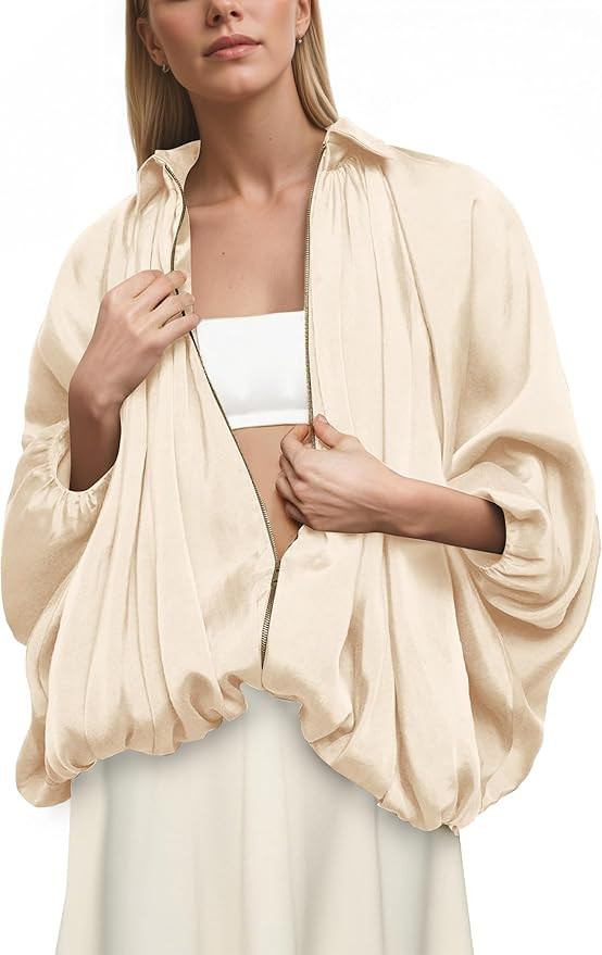 Women Puffed Sleeve Zipper Up Bomber Jacket Oversized Batwing Drop Shoulder Pleated Peplum Hem La... | Amazon (US)