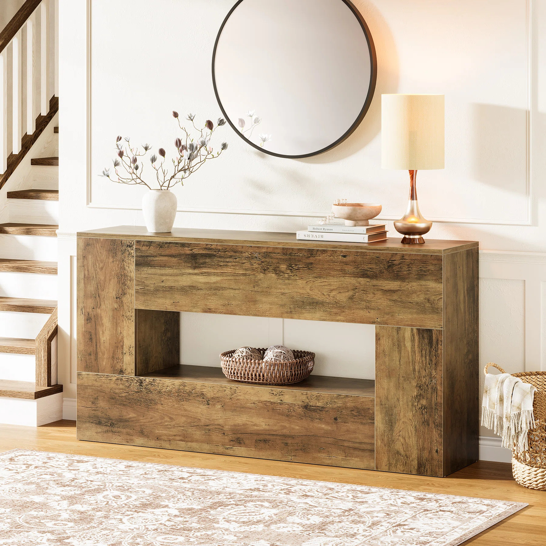 63-Inch Long Narrow Brown Wood Entryway Farmhouse Console Table Behind Couch | Wayfair North America