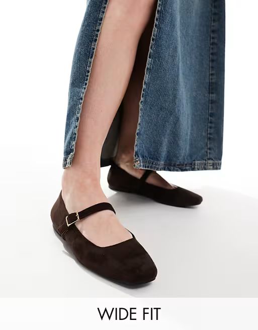 ASOS DESIGN Wide Fit Lottie Mary Jane ballet in brown | ASOS (Global)