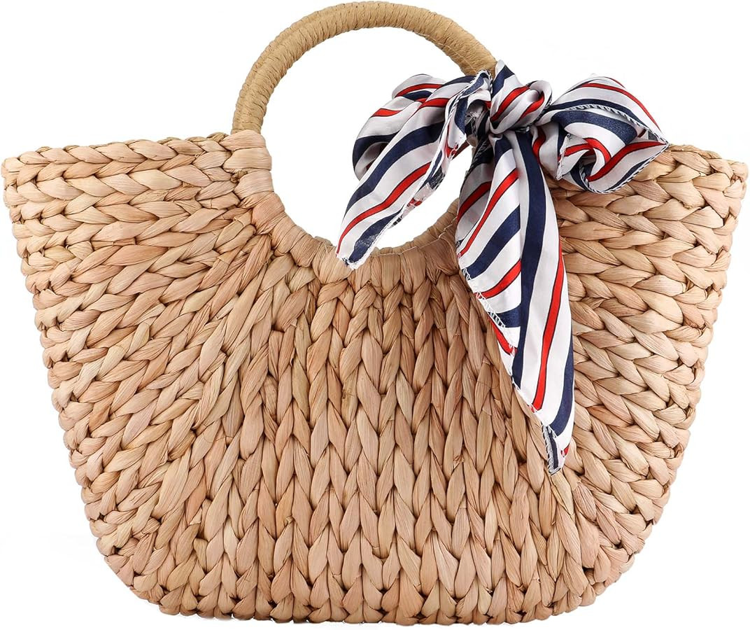EROUGE Natural Chic Straw Bag Hand Woven Round Handle Handbags Retro Summer Beach Bag | Amazon (US)
