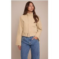 Beige Cropped Belted Biker Jacket | PrettyLittleThing UK