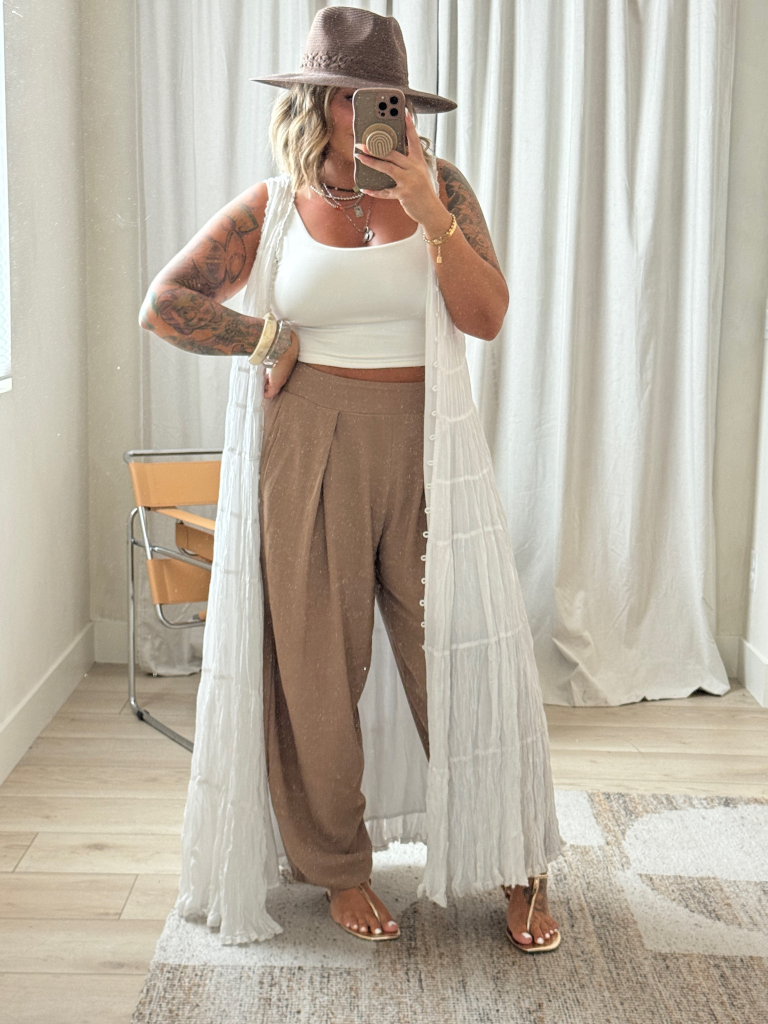 Tank L 
Dress size L ( on sale now for Aritzia sale) I am wearing open so it’s like a long vest. You can also just button a few buttons and leave the bottom half open. 
Pants L ( DO NOT DRY THEM THEY WILL GET SUPER SHORT ! HANG DRY ONLY.) 

Lip color Kim kw & Wherever Walnut

#summmeroutfits #top #maxi #linen #amazon #anthro #anthropologie #sandals #target #hat 