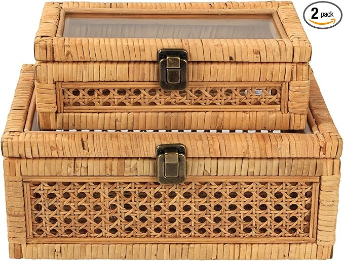 HUAXIN CRAFT H Rattan Box with Lids, Rectangular Woven Case with Glass for Display, Set of 2 Wick... | Amazon (US)