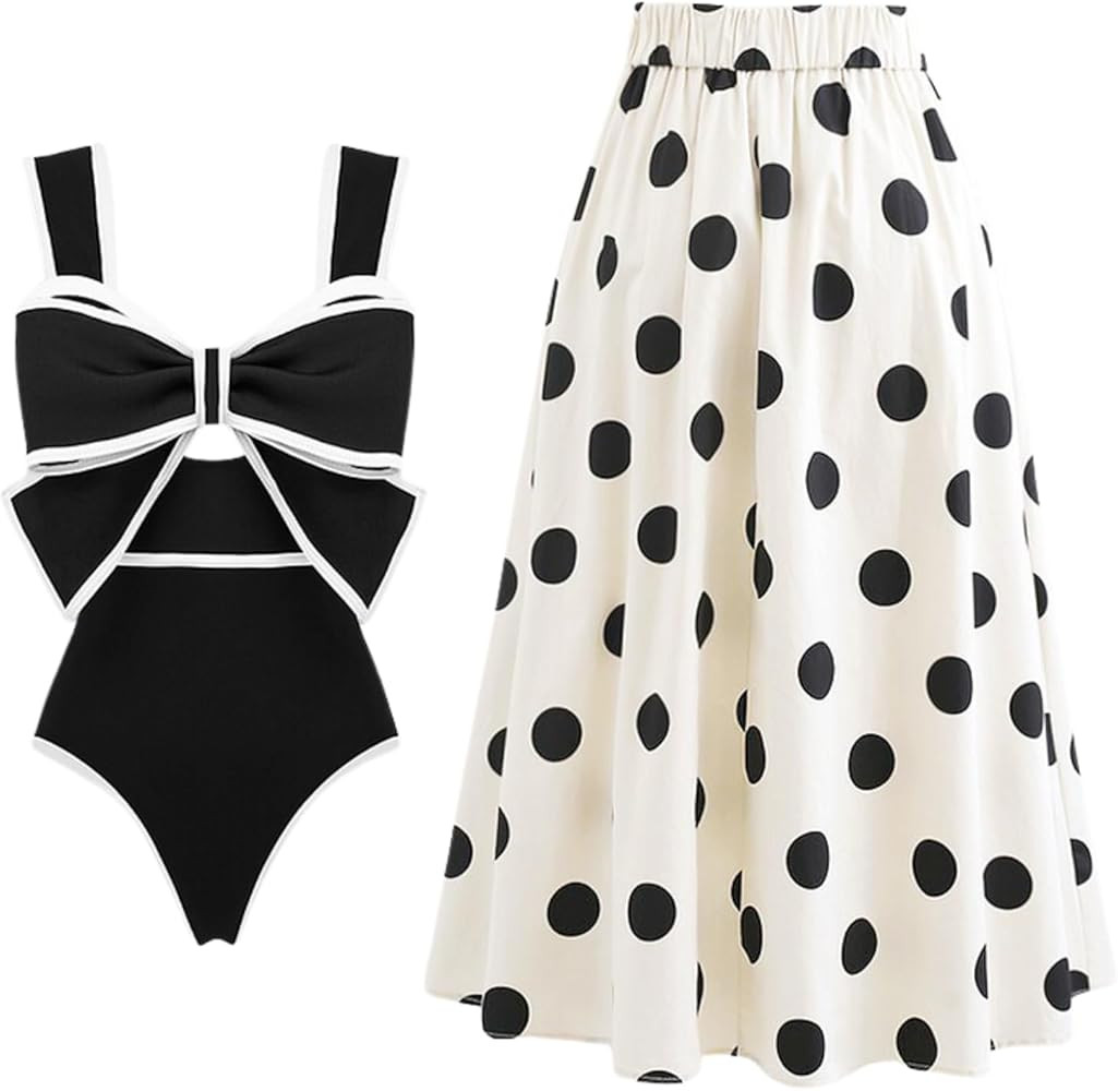 FLAXMAKER Black and White Bow-tie Decor One Piece Swimsuit and Skirt | Amazon (US)