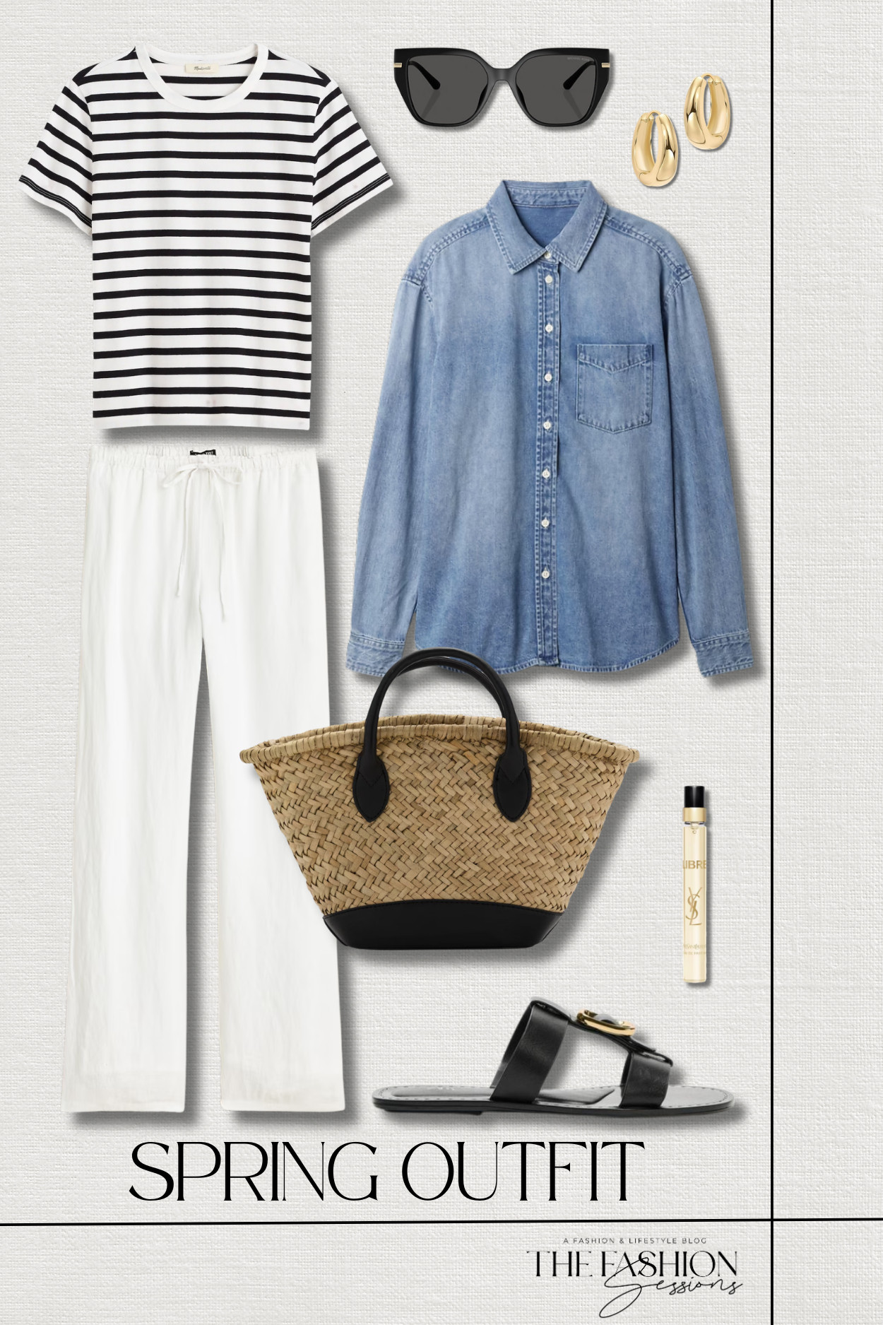 Spring outfit inspo:
soleil linen pant | the perfect crewneck tee | denim big shirt | flat buckle sandals | natural fiber basket | st. barths sunglasses | chunky hoop earrings | libre eau de parfum | spring outfit | vacation outfit | weekend outfit | casual outfit  

 #LTKSpringSale #LTKootd #LTKSeasonal