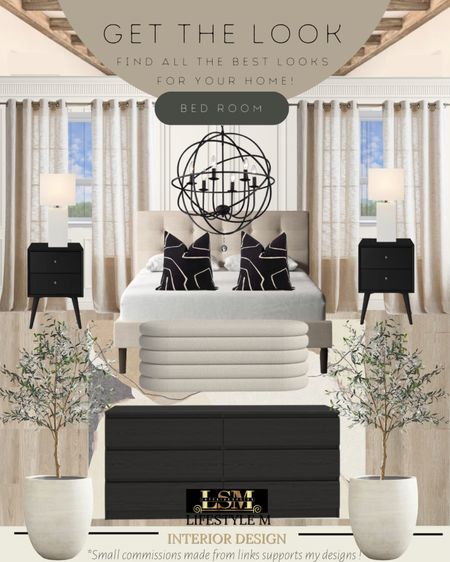 Master Bed Room Idea. Recreate the look at home. Upholstered bed frame, black dresser, black night stand, black throw pillows, bedroom rug, white ceramic tree planter pot, faux fake tree, bench, table lamp, bedroom chandelier, curtains.

#LTKFind #LTKstyletip #LTKhome