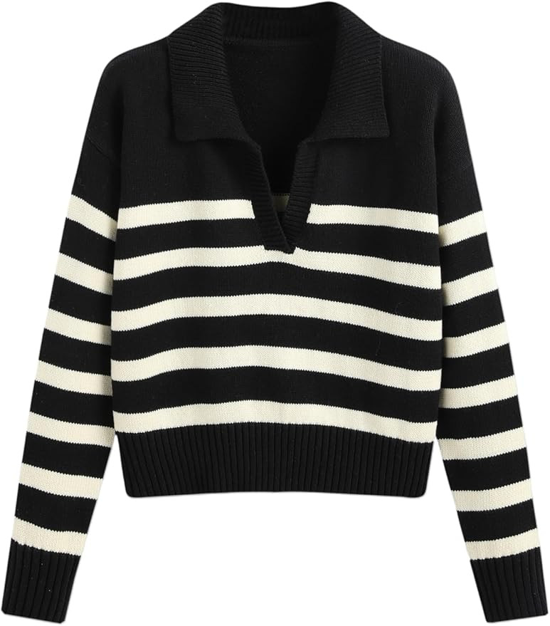 CIDER Women’s Polo Sweater Striped Collared Lightweight Long Sleeve V Neck Pullover Fall Sweate... | Amazon (US)