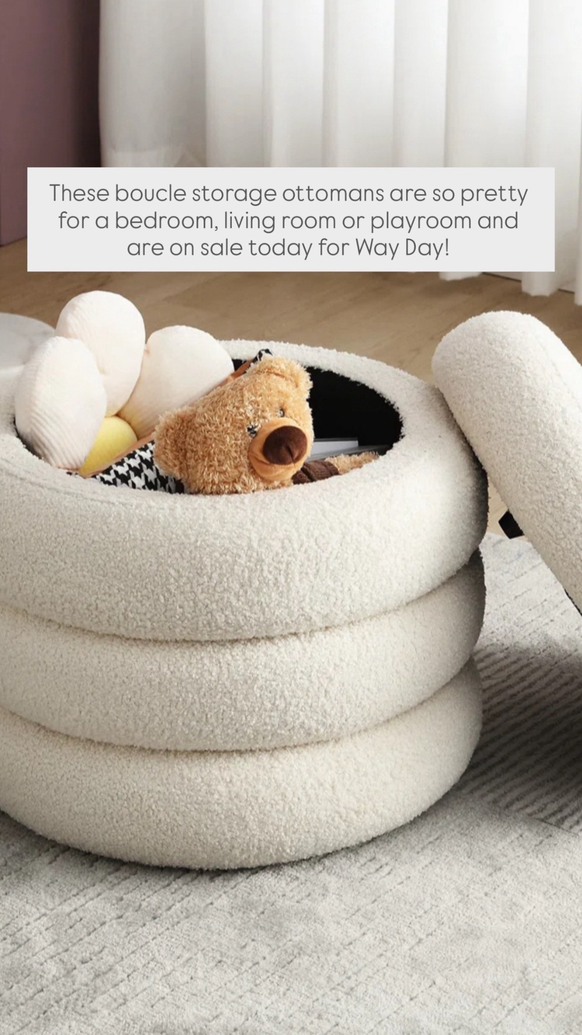 These boucle storage ottomans are so pretty for a bedroom, living room or playroom and are on sale today for Way Day!

#LTKHome #LTKFamily #LTKSaleAlert