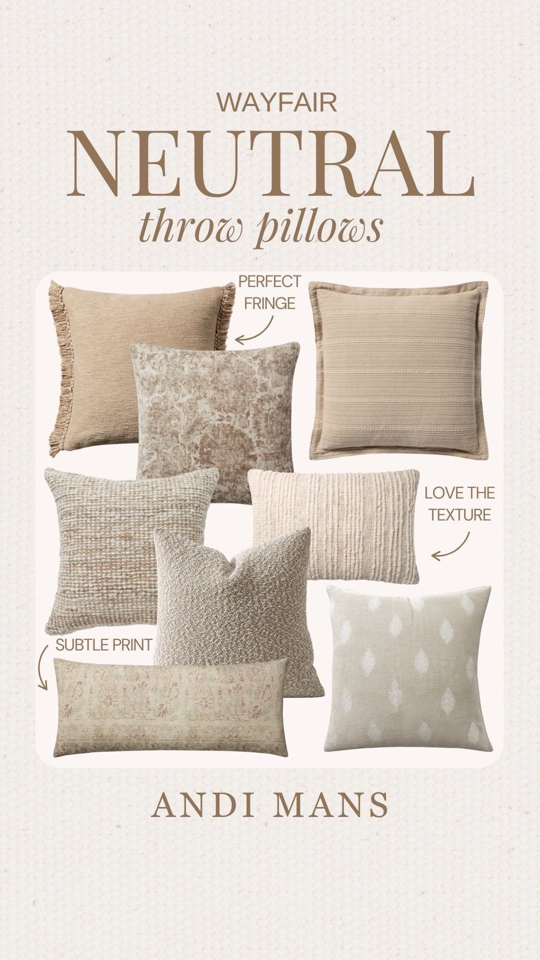 Wayfair neutral pillows I'm loving. These are perfect for your couch, bed, or bench. 



#LTKSeasonal #LTKHome #LTKOver40